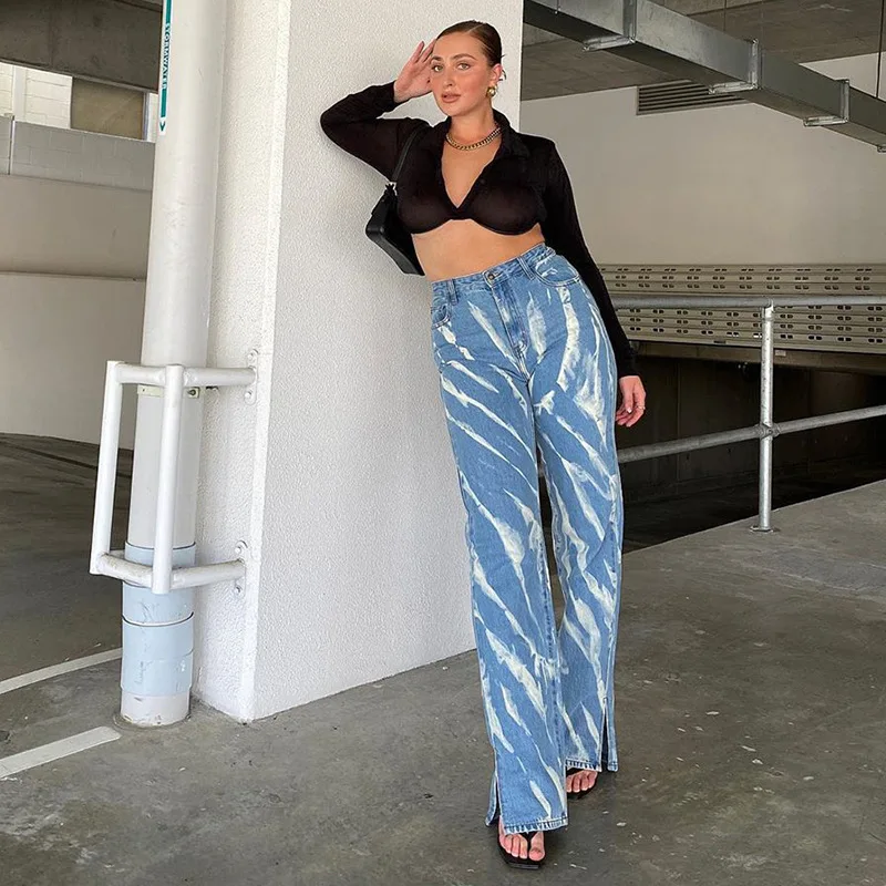 

Printed Women Split Y2K Jeans Vintage Retro Loose High Waist Baggy Denim Jeans Streetwear Aesthetic Pants