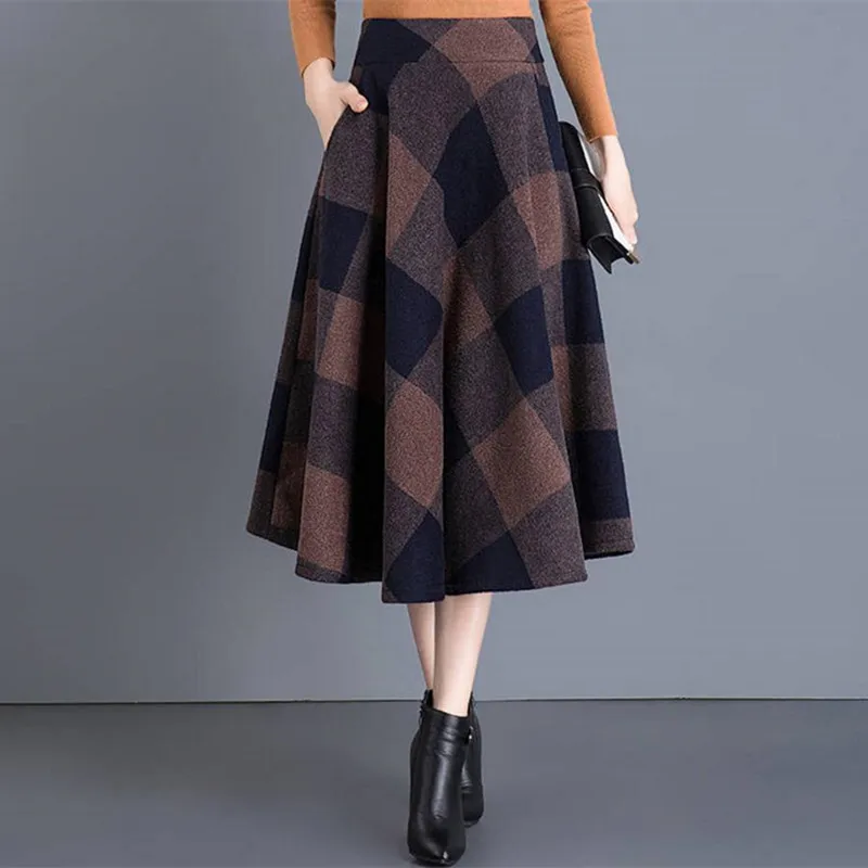 Женская Длинная шерстяная юбка элегантная клетчатая повседневная с высокой
