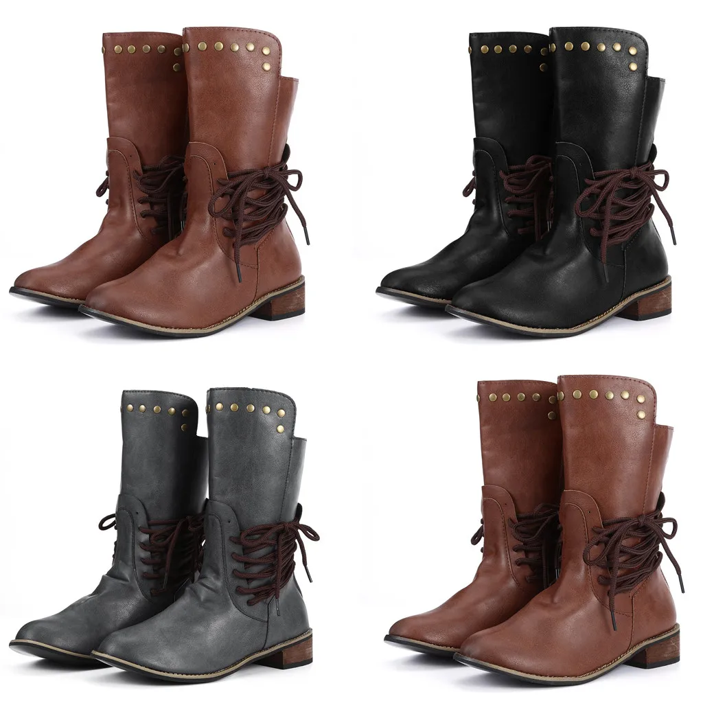 

2019 New Winter Boots Women Retro Shoes Leather Boots Vintage Rivets Round Toe Lace-Up mid-calf Martin Boots zapatos Plus Size