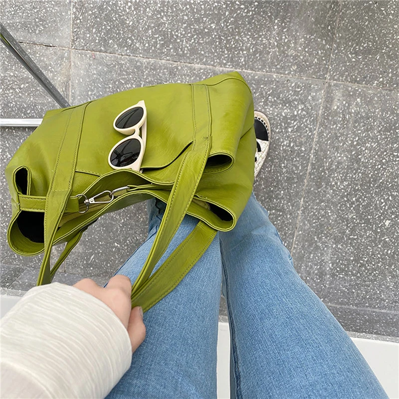 Women Large Soft Tote Bags For Ladies Shopper Handbags PU Leather Female Shoulder Summer 2021 Green White Retro | Багаж и сумки