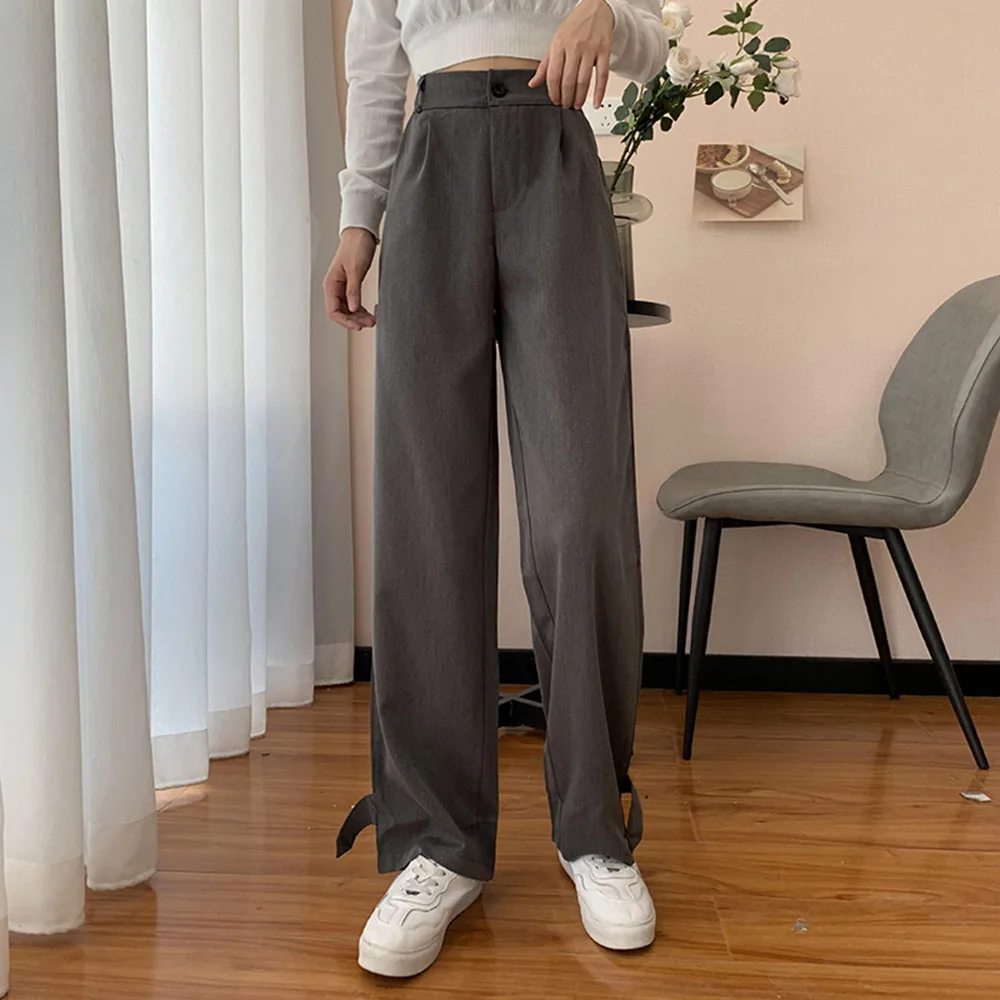 

Wide Leg Pants Women Casual Loose Button Chic Fashion Solid Black Gray Female Slim Office Trousers Streetwear High Waist Pants