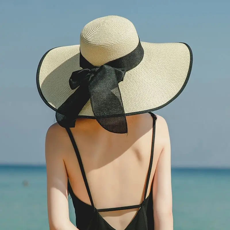 

2022 Summer Wide 15CM Brim Straw Hats Sun Hats For Women UV Protection Panama Floppy Beach Hats Ladies Bow Hat Chapeau Femme