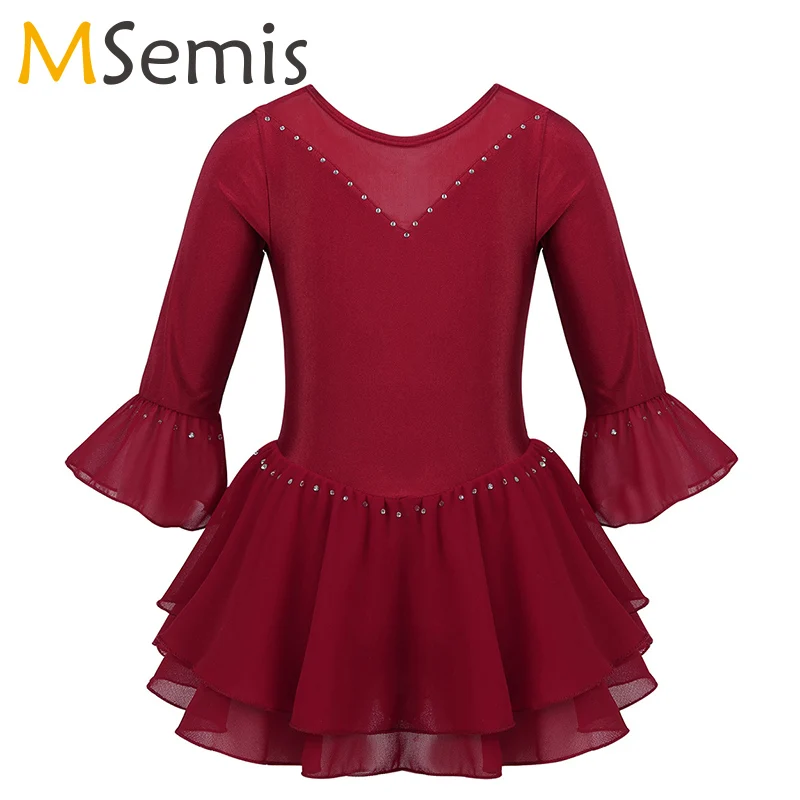 

Teens Girls Ice Skating Dress Ballet Leotard Dance Dress Kid Shiny 3/4 Flare Sleeves Mesh Splice Rhinestone Figure Skating Dress