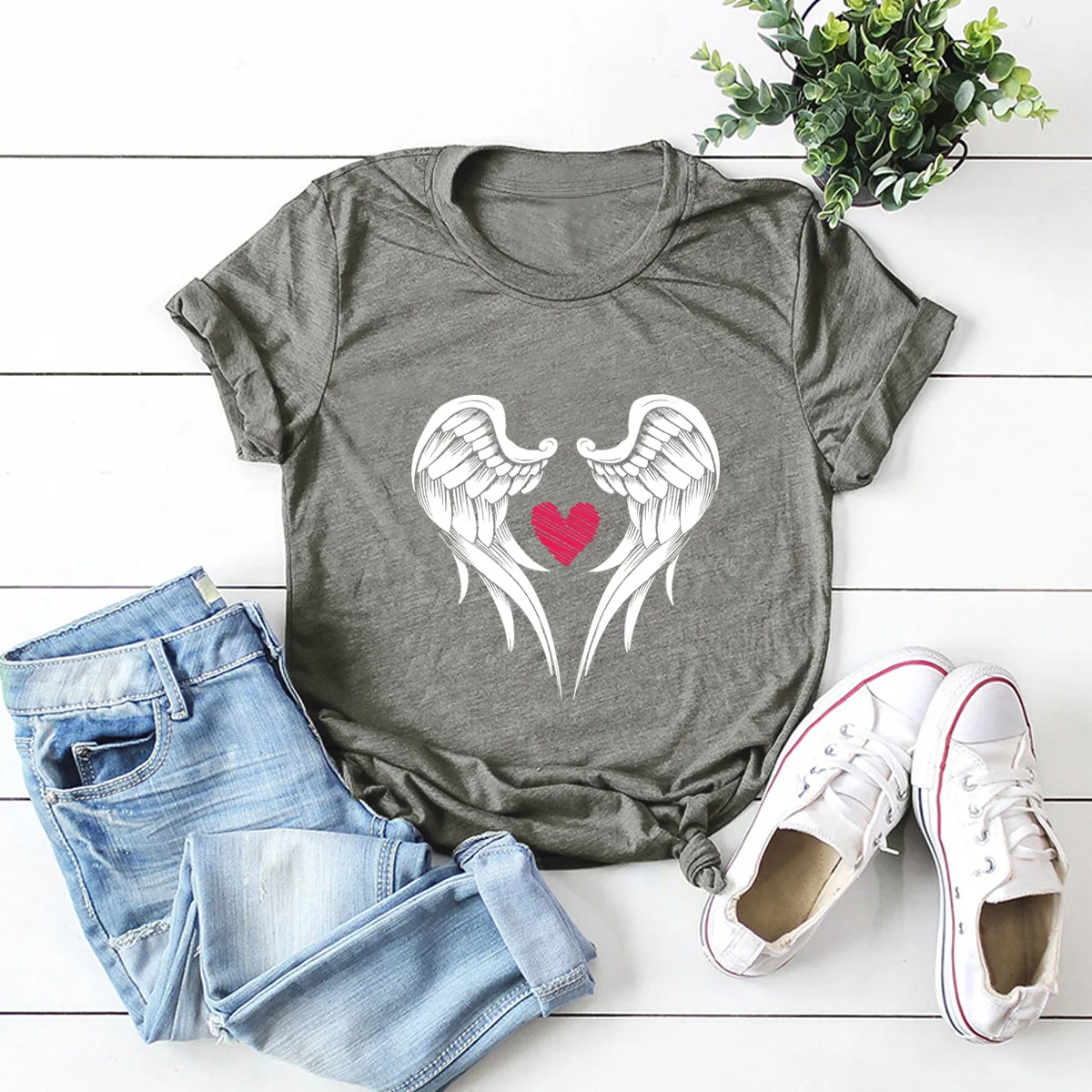 

Summer Cotton T Shirt Women Angle Wings Heart Graphic Tees Plus Size Short Sleeve Tshirts Streetwear Tops Female
