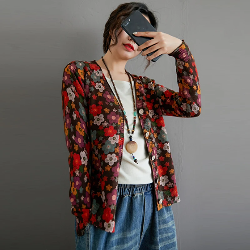 

Women's Knitted Coats Spring And Autumn Vintage Printing Loose Cardigan Outerwear Casual Single-Breasted Long Sleeved Jacket