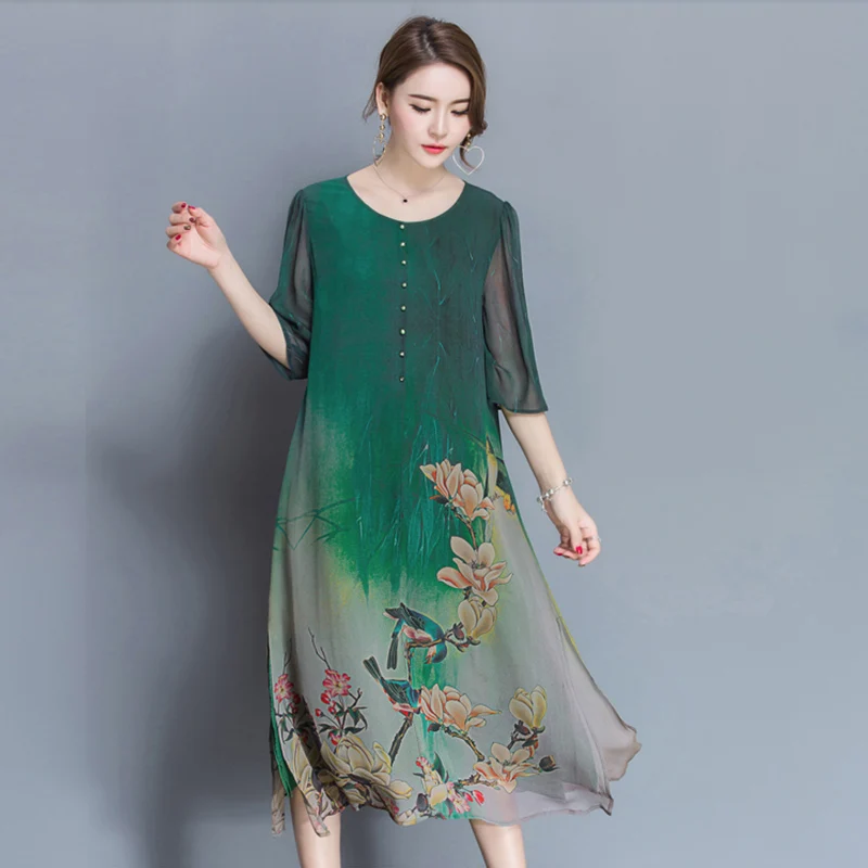 Женское шелковое длинное платье с цветочным принтом большие размеры весна-лето