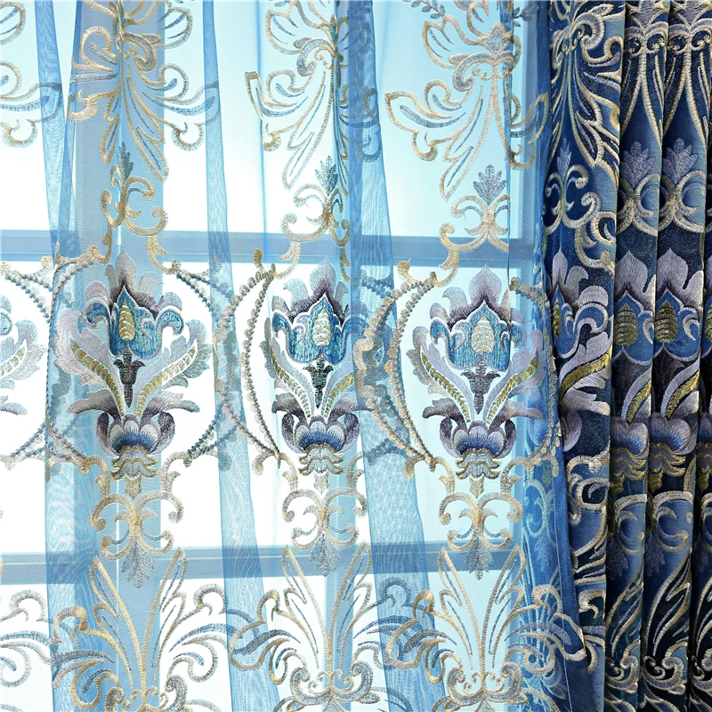 Высококачественные синие вышитые занавески для гостиной в европейском стиле