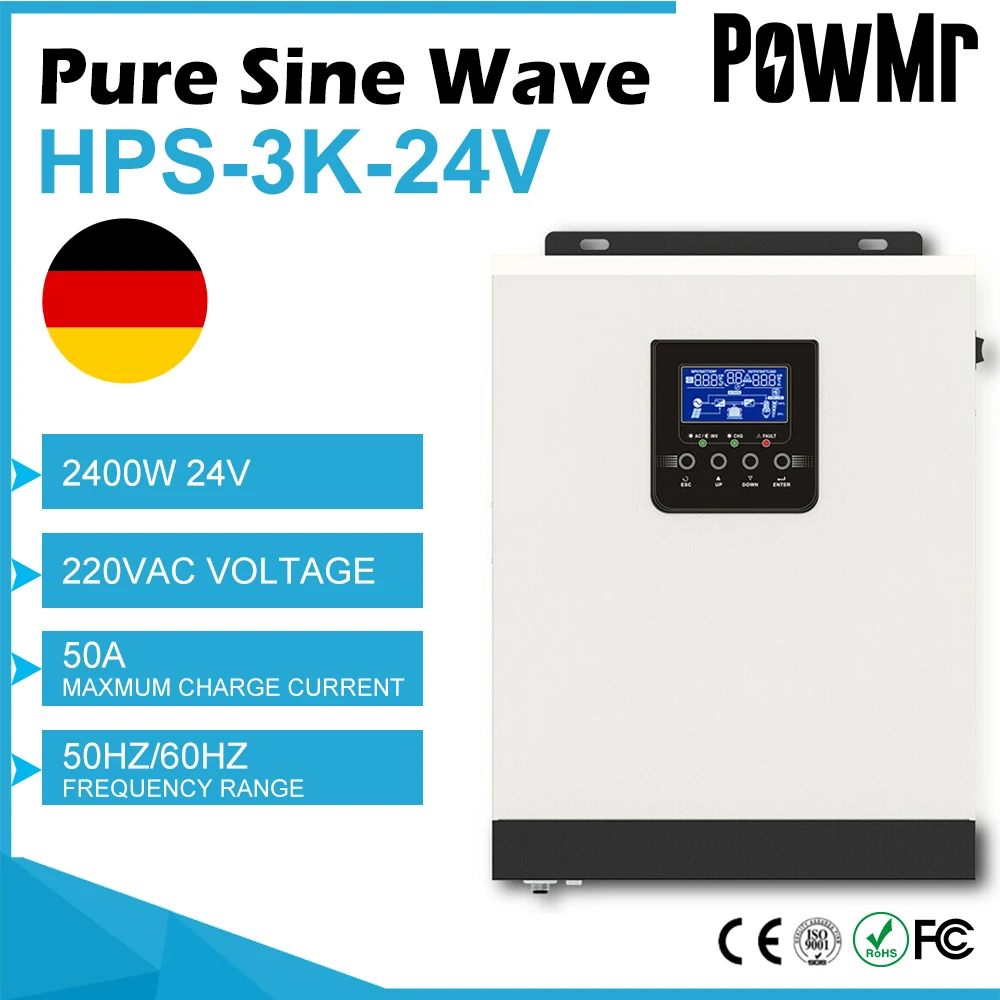 PowMr 2400W Гибридный солнечный инвертор 220V 50A PWM 3KVA чистая Синусоидальная волна инвертирующий усилитель 50/60HZ Солнечные фотоэлектрические сети 24V Батарея Зарядное устройство солнечный инвертор - изображение