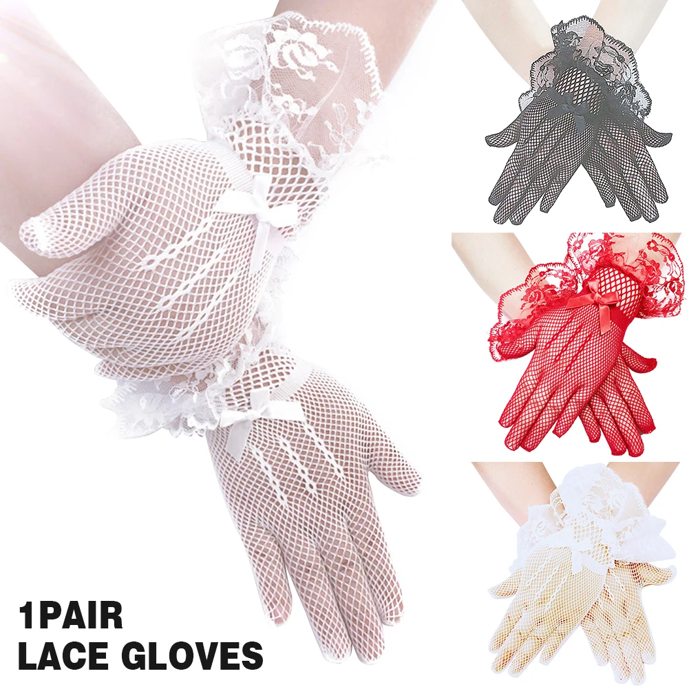 

1pair Women Lace Gloves Full Finger Short High Elasticity Summer Outdoor Driving Courtesy Party Knitted Net For Wedding
