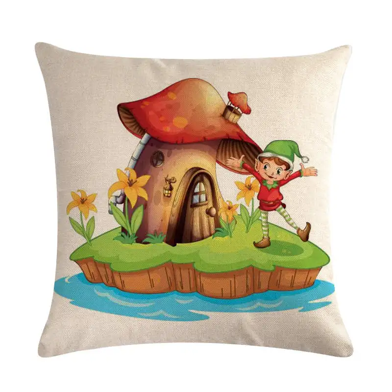 Радужная искусственная льняная наволочка с рисунком лошади леса грибов домашнее