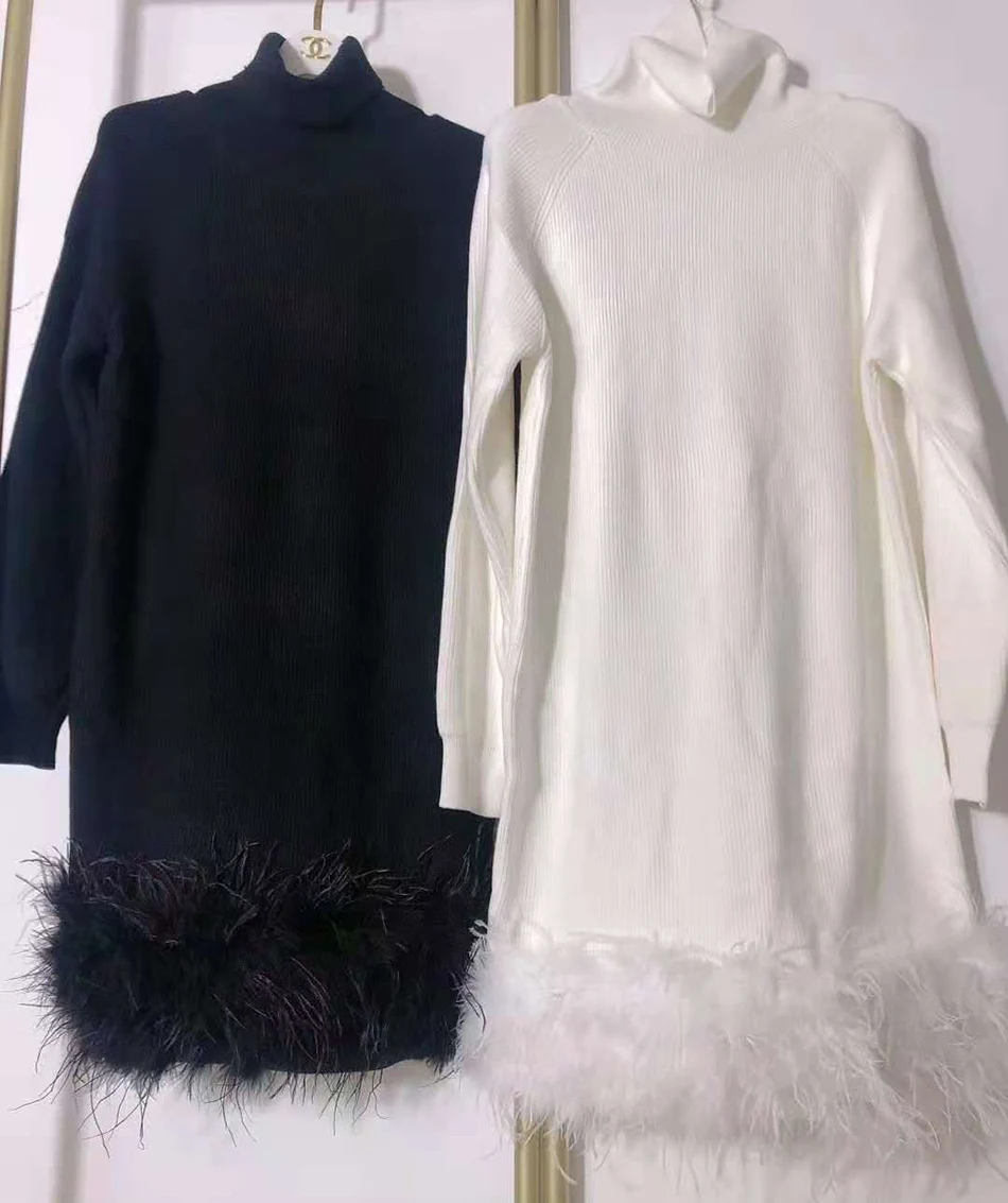 

Ailigou Ladies Summer Fashion Ladies Sweater Turtleneck Dress Feather Patchwork Long Sleeve Skinny Elegant Knit Sexy Mini Dress