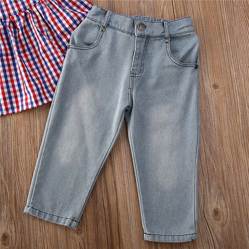 2 шт. клетчатая рубашка и джинсовые брюки для девочек с открытой спиной|Комплекты