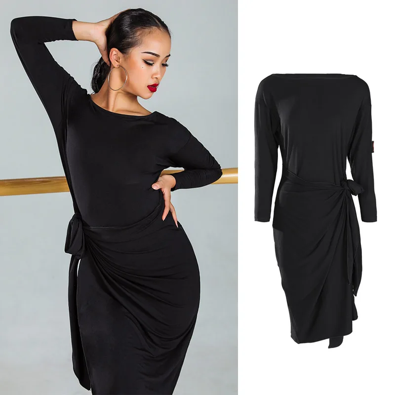 Latin Dance Dress Salsa Tango Rumba Cha Cha Samba Practice Clothes Women Black Long Sleeves Loose Performance Dresses DN4370