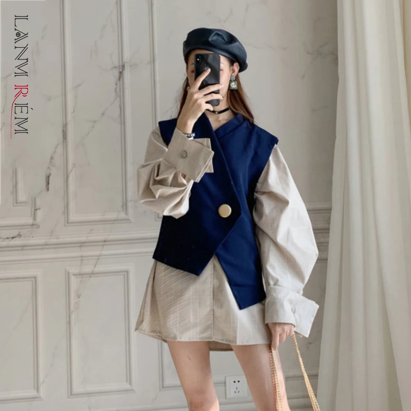 LANREM/Новинка 2021 года Осенний однобортный комплект с v образным вырезом Рубашка