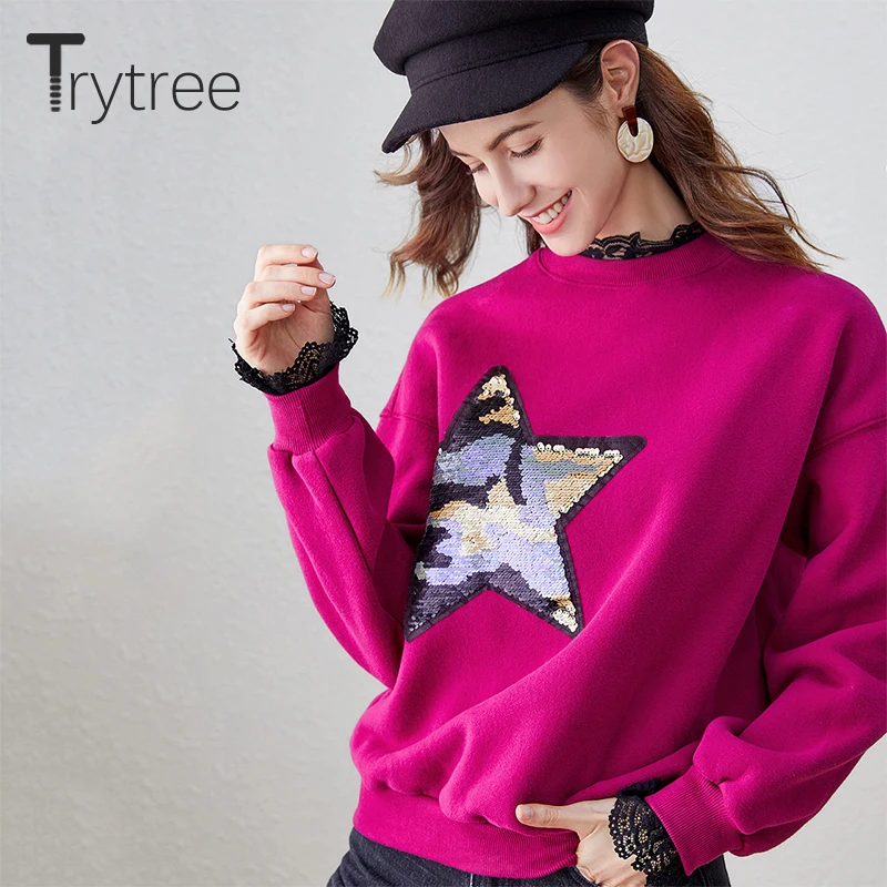 Trytree осень зима Женская Толстовка повседневные кружевные разноцветные блестки звезда Мода Кружева o-образным вырезом оборки Рукав Толстовка Топы