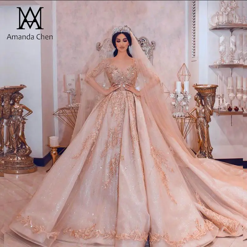 Amanda Design robe de mariee courte роскошное Пышное Бальное Платье с длинным рукавом, блестящее свадебное платье с кристаллами