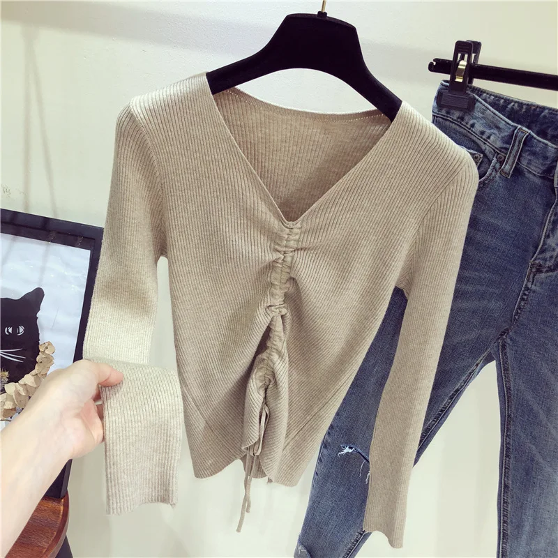 

Sexy V Neck Lace Up Knitted Sweaters Women Autumn Ribbed Long Sleeve Solid Navel Bare Crop Tops Autumn Knitwear Jumper Tops