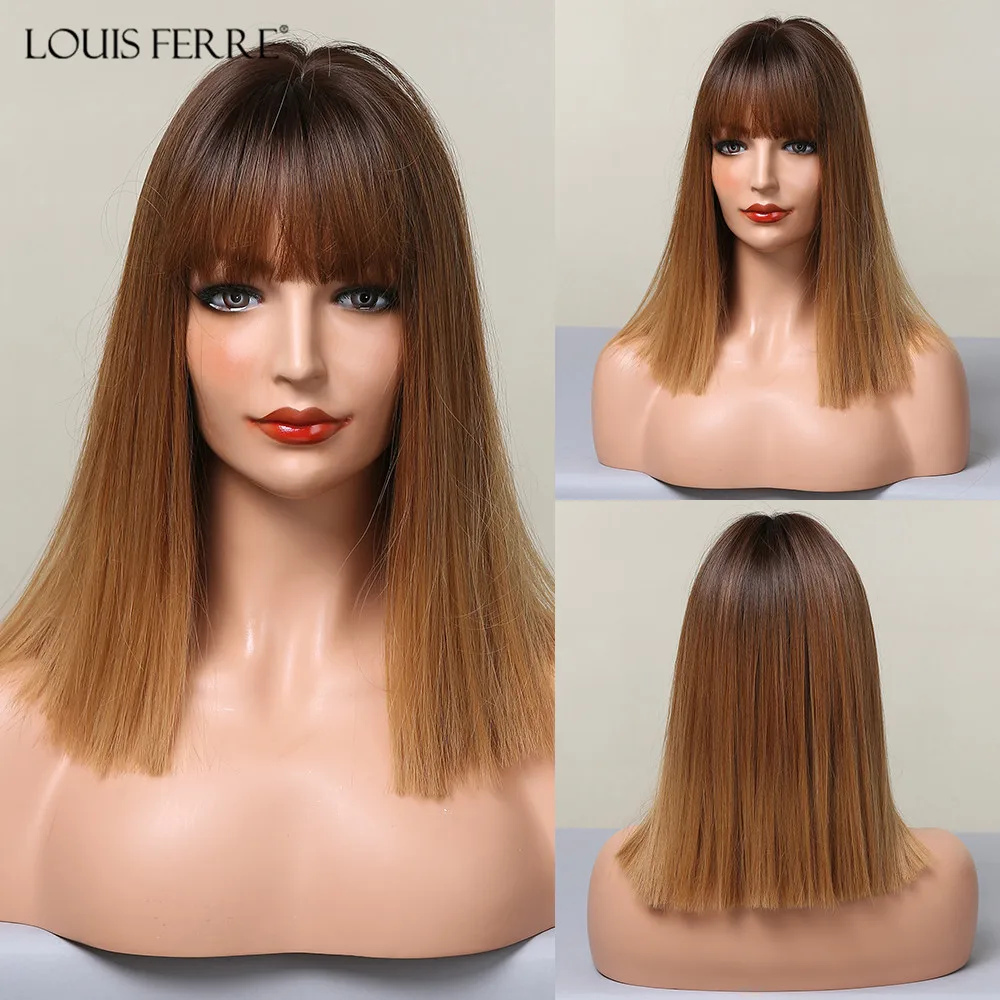 

Короткие синтетические парики LOUIS FERRE с коротким Бобом для женщин, коричневые прямые парики с эффектом омбре с челкой, термостойкие парики Л...