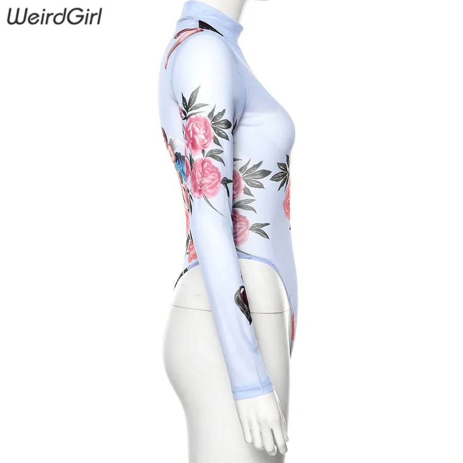 Weirdgirl, женские боди с принтом, сетчатые, элегантные, сексуальные, обтягивающие, тянущиеся, женский комбинезон с длинными рукавами, водолазка, для фитнеса, осень