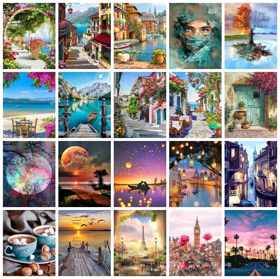 

AZQSD Paint By Numbers On Canvas City Street Handmade Picture By Numbers Seaside Moon Landscape Home Decor Acrylic Oil Painting