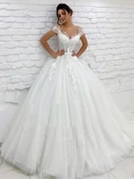 white princess tulle wedding dress lace applique short cap sleeves o neck bridal gowns back buttons court train vestido de noiva