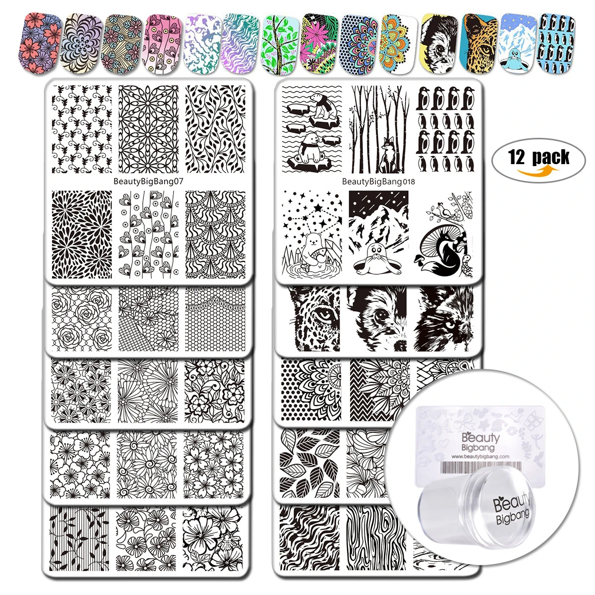 1Set as Picture BeautyBigBang 12 шт./компл. пластины для стемпинга ногтей 10 видов стилей шаблон для ногтей пластины для стемпинга с прозрачная резиновая штампа тиснения для дизайна ногтей - Цвет: 1Set as Picture