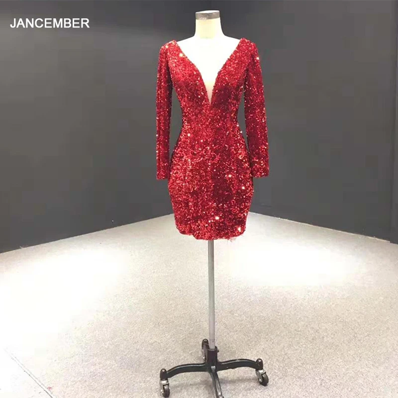 

J67003 jancember short cocktaildresses part v neck long shiny sequined red elegangt dress платье вечернее короткое блестящее
