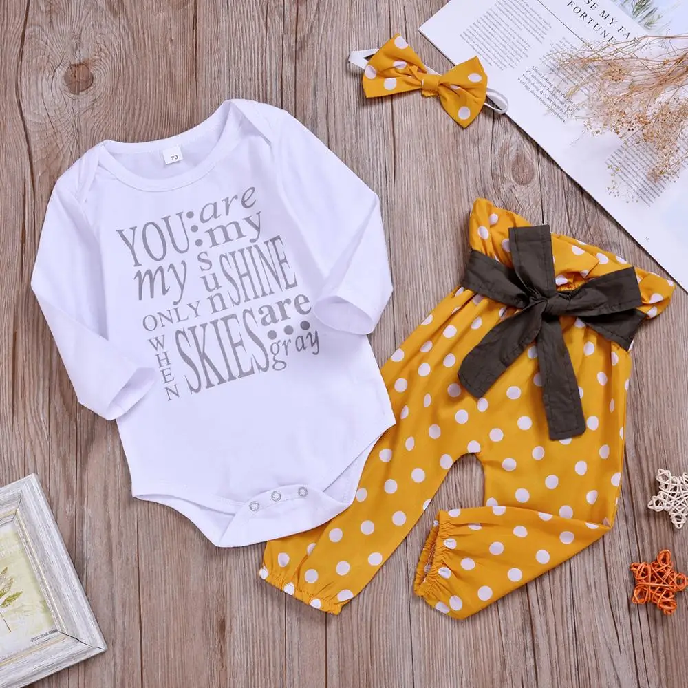 Toddlers Spring Autumn Clothing Cotton Newborn Baby Outfit Fashion Yellow Dot Kids clothing Sets 3pcs Headband | Мать и ребенок