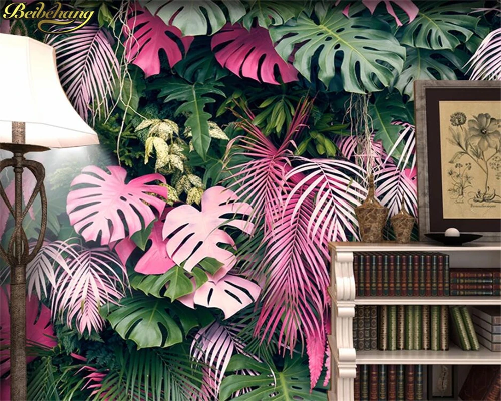 Пользовательские 3d обои росписи розовый зеленый тропический лес фон стены papel де