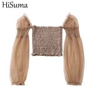 Женская шифоновая блузка, с квадратным вырезом и рукавами-фонариками, весна-осень