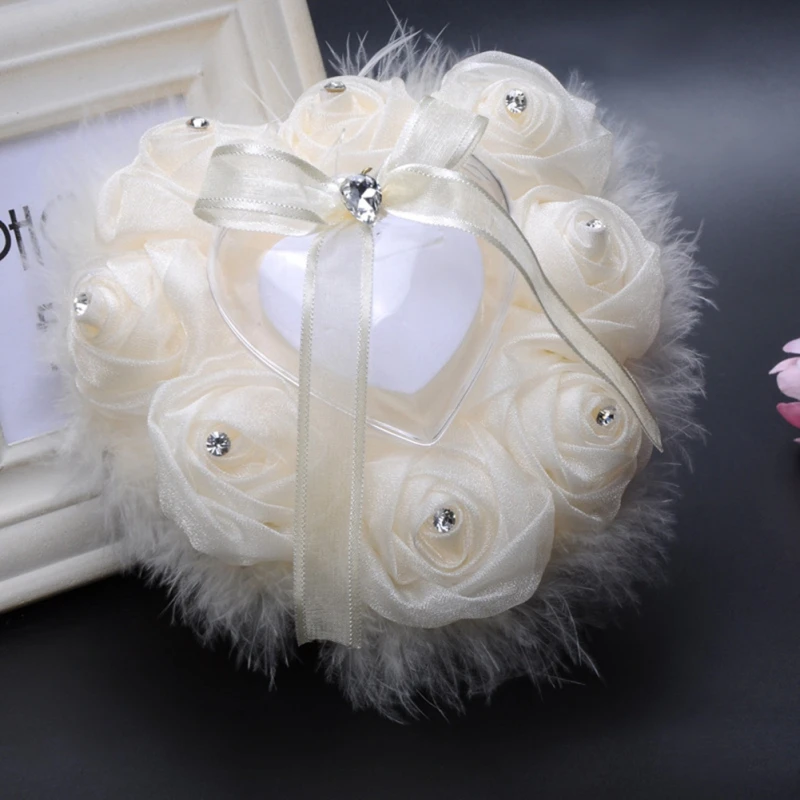 

Romantic Heart Shape Wedding Ring Pillow Rose Flowers Ring Box Crystal Ring Bearer Pillow Cushion For Valentine's Day Gift