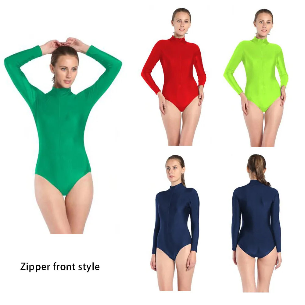 

23 colors Women Ballet Gymnastics Leotard Long Sleeve Spandex Lycra High collar Dance wear zipper in front adult Leotards