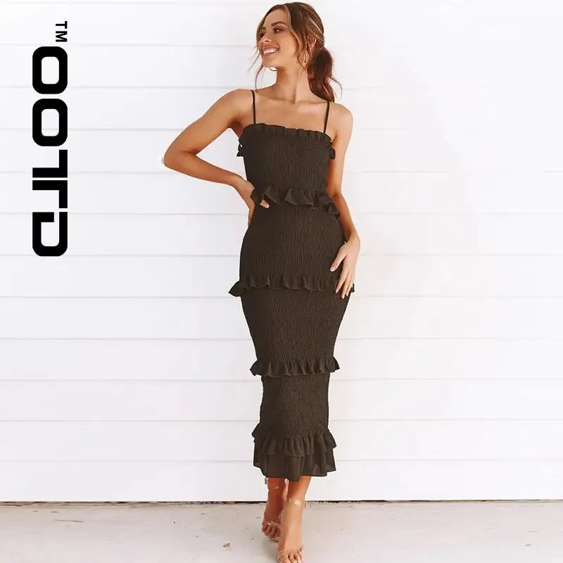 

OOTD Summer Fashion Sling Long Dress Women 2020 Casual Party Dress Female Ruffles Vestidos Plus Size Natural Solid Dress 2021