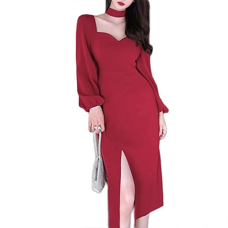 

Французский Хепберн модное элегантное платье Женский Arc воротник рукав-фонарик Сплит прямая юбка 2021 зимнее ретро платье