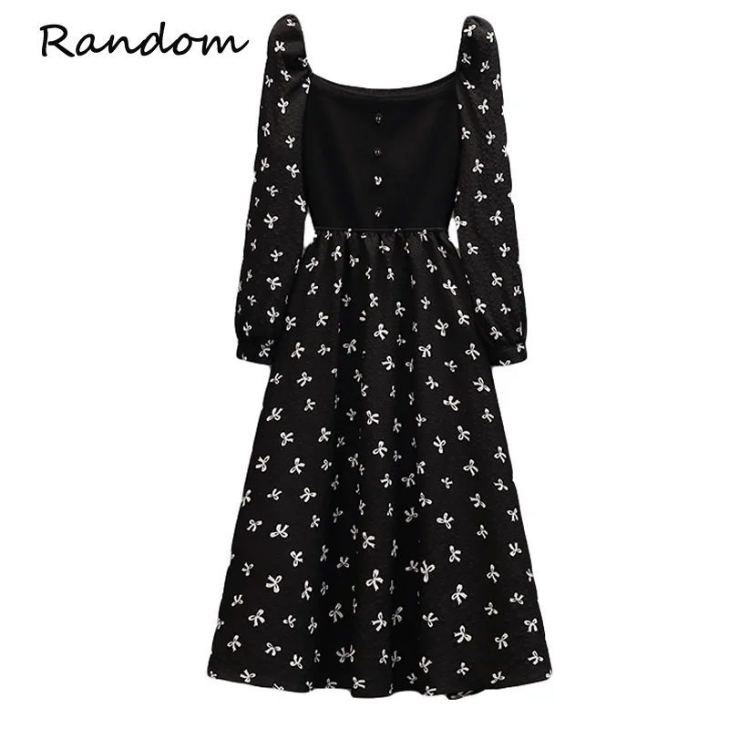 

Женское винтажное жаккардовое платье, трикотажное лоскутное платье с длинными рукавами-фонариками и квадратным вырезом, Осень-зима 2021