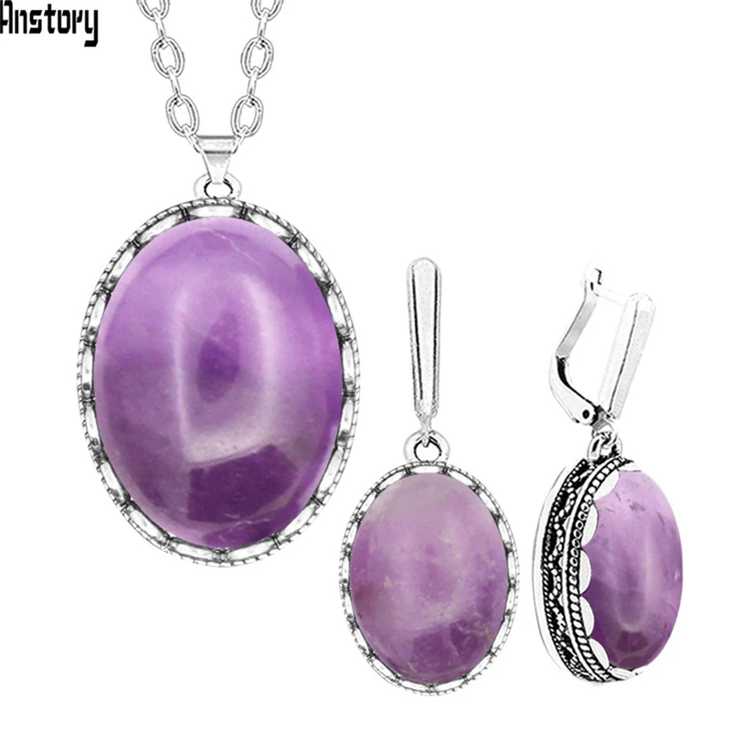 Овальный Природный Фиолетовый Камень Цепочки и ожерелья Серьги комплект