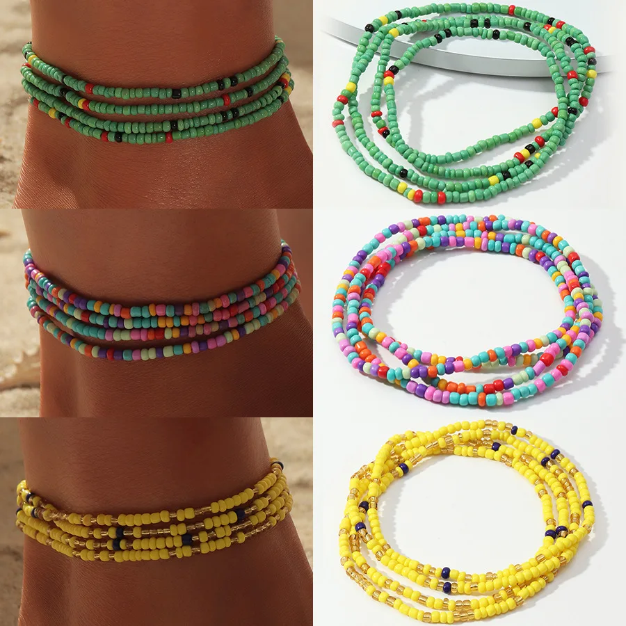 

Simple Woven Beads Geometric Foot Jewelry Beach Trendy Bohemian Colorful Rice Beaded Elastic Foot Chain Anklets For Women Girls