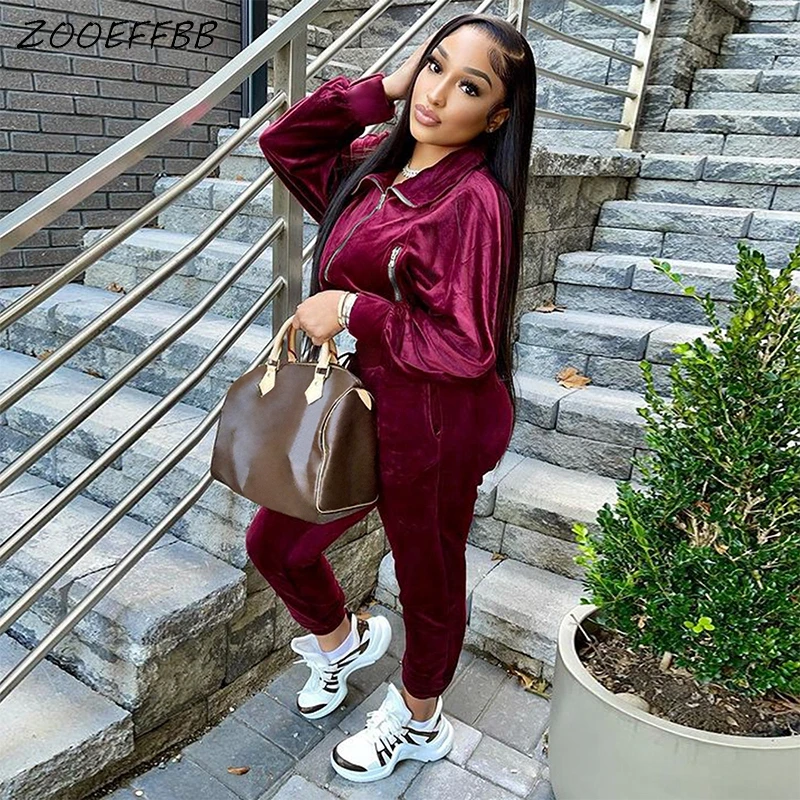 

ZOOEFFBB Velvet Tracksuit Two Piece Set Long Sleeve Zip Coat Sweatpants Casual Outfits for Women Winter Fashion Matching Sets