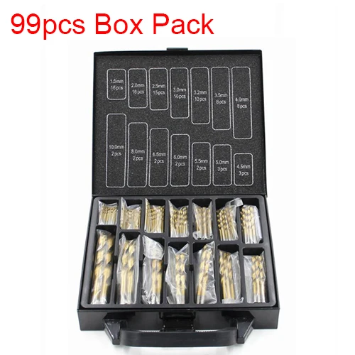 99pcs box pack Открывалка для отверстий, железная коробка, упаковка, 99 шт., набор сверл из быстрорежущей стали, 1,5-10 мм, поверхность с титановым покрытием, 118 градусов, для сверления, деревообработки - Цвет: 99pcs box pack