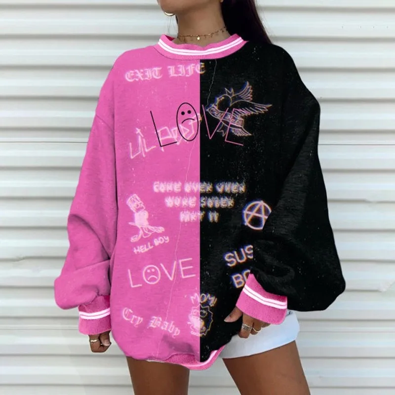 

Print 2021Autumn New Cotton Pullovers Plus Size Casual Tops Pink Black Panelled Chic Design Loose Stylish Sweatshirt Women Funny