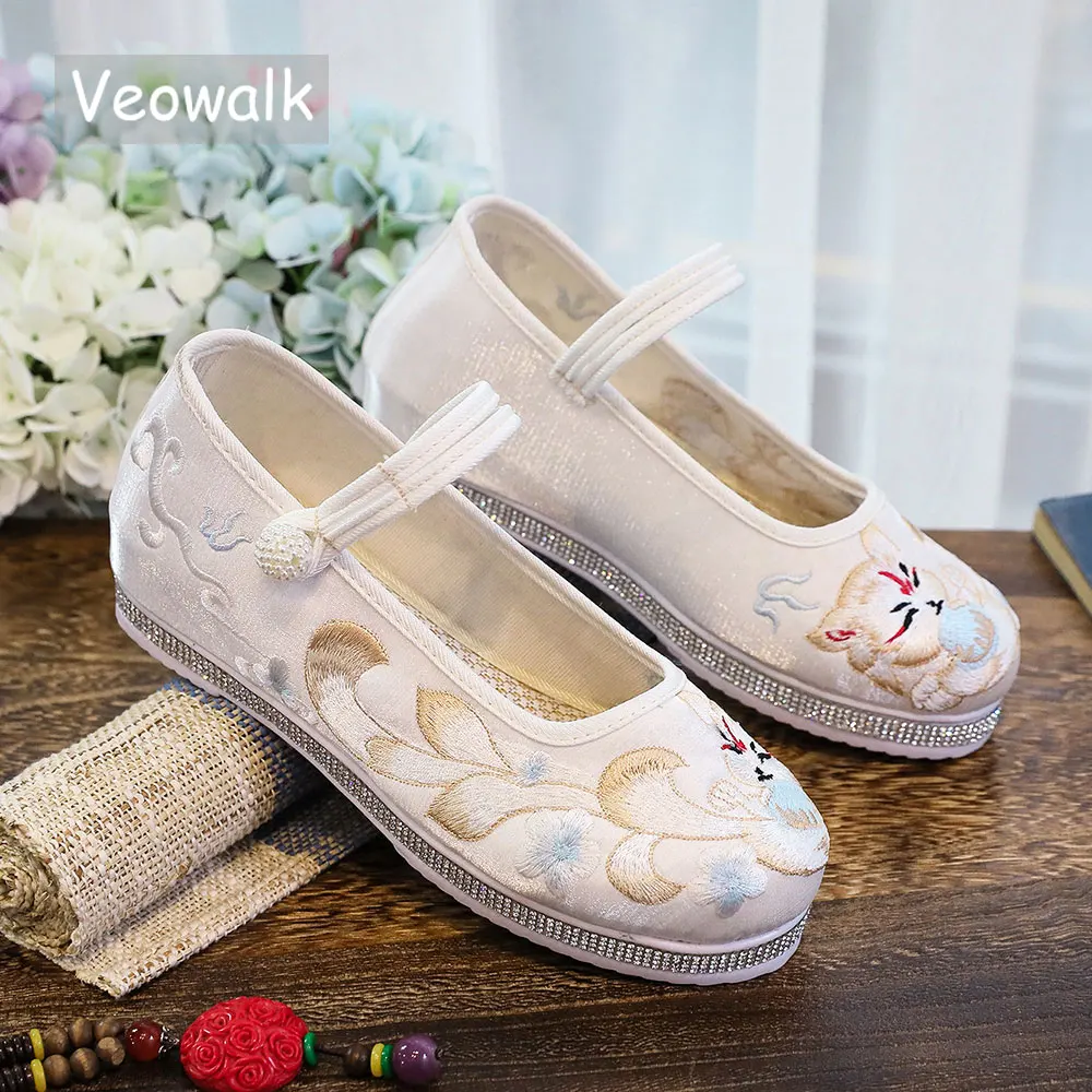 

Veowalk Glitter Woven Bottoms Women Cotton Fabric Embroidered Platform Flats Vintage Comfortable Ladies Casual Hanfu Shoes