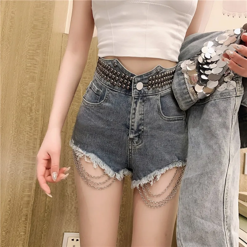 

Internet Celebrity Same Style Summer 2021 Korean Style High Waist Beaded Chain Decoration Slim-Fit Sheath Brushed Denim Shorts