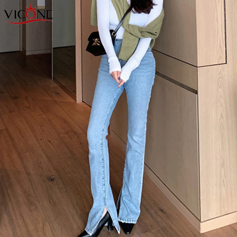 

VICONE Vintage Flare Jeans Blue High Waist Button Split Floor-length Women Denim Jeans Fashion Female Denim Pant 2020 Spring
