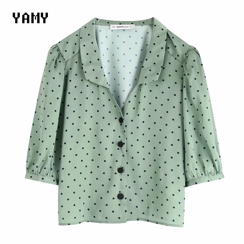 Женские атласные блузки с коротким рукавом рубашка в черный горошек зеленые топы