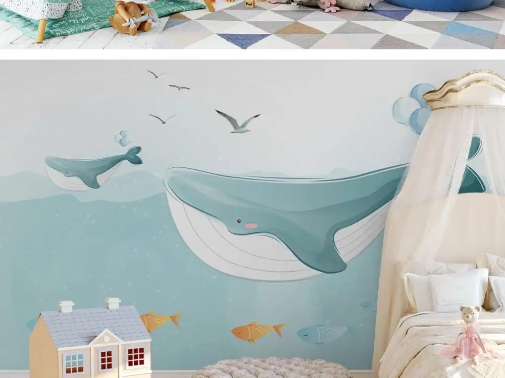 

New Custom 3D Large Mural Wallpaper Original cartoon Cute whale hand painted nordic children's room TV Background living bedroom