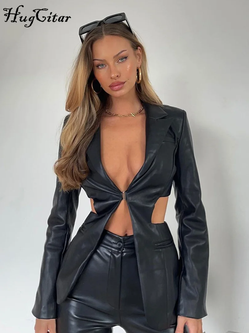 Hugcitar/однотонная куртка из искусственной кожи в стиле панк с длинными рукавами