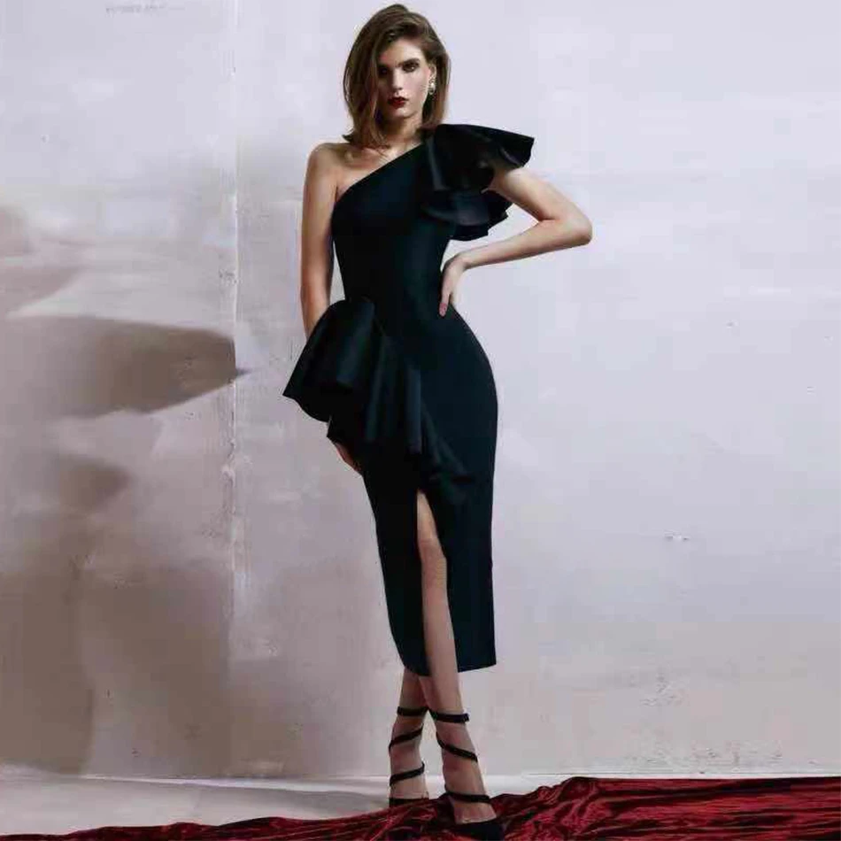 

Женское вечернее платье без рукавов, черное облегающее платье с одним открытым плечом и оборками в стиле Звезд, для подиума, для клуба и вече...