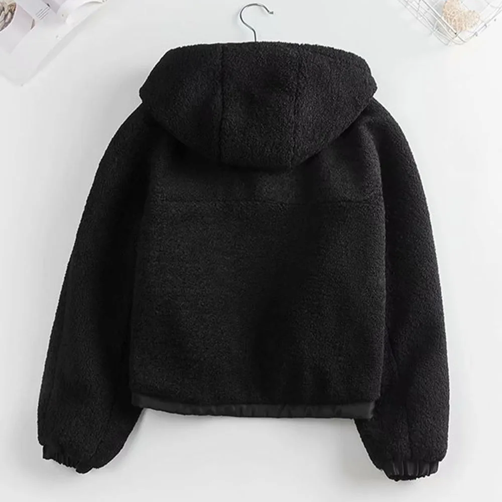 

Autumn winter double face Hooded Jacket Women black lambt 2021 new design Cotton loose coat Slim fitShort clothing