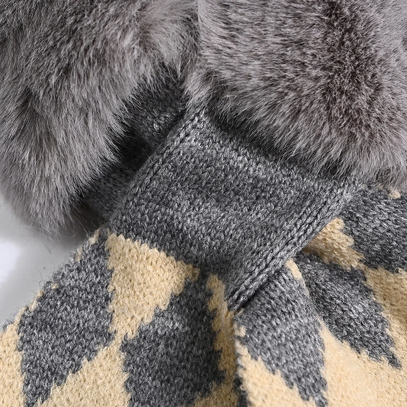 

2021 New Winter Thick Warm Faux Fur Neck Collar Scarf Neckerchief Women Houndstooth Designer Knitted Scarfs for Ladies