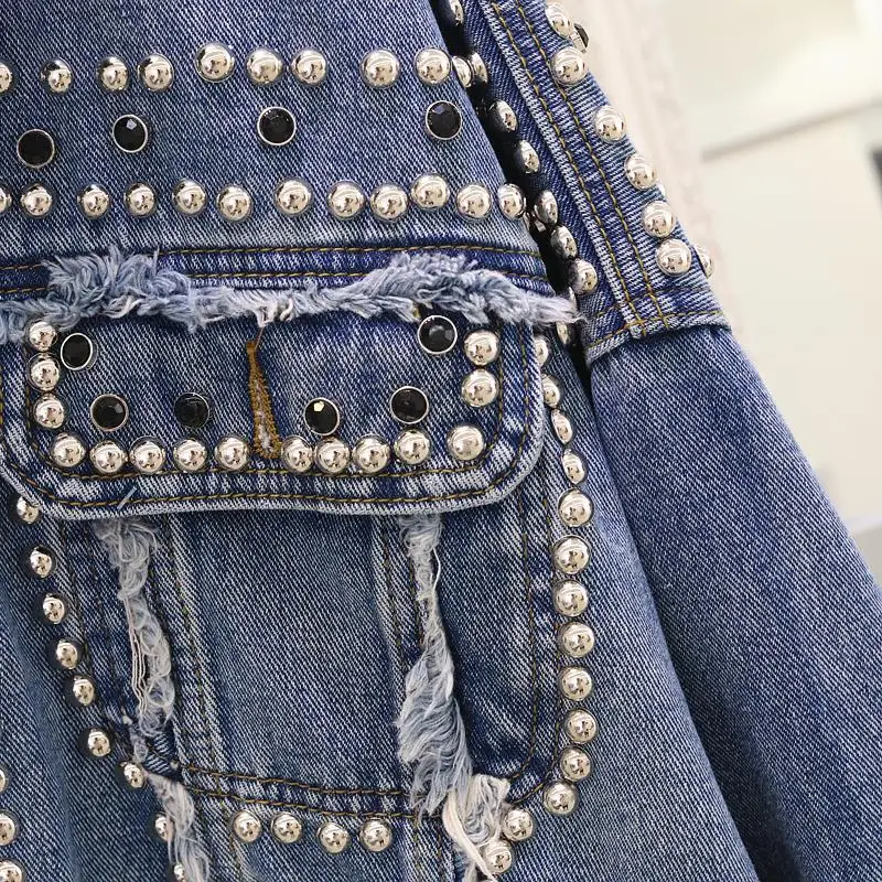 

Jacket Women 2021 Autumn Hand Rivet Studded Denim Jacket Loose Outwear Female New Students Casual Short Jeans Coats